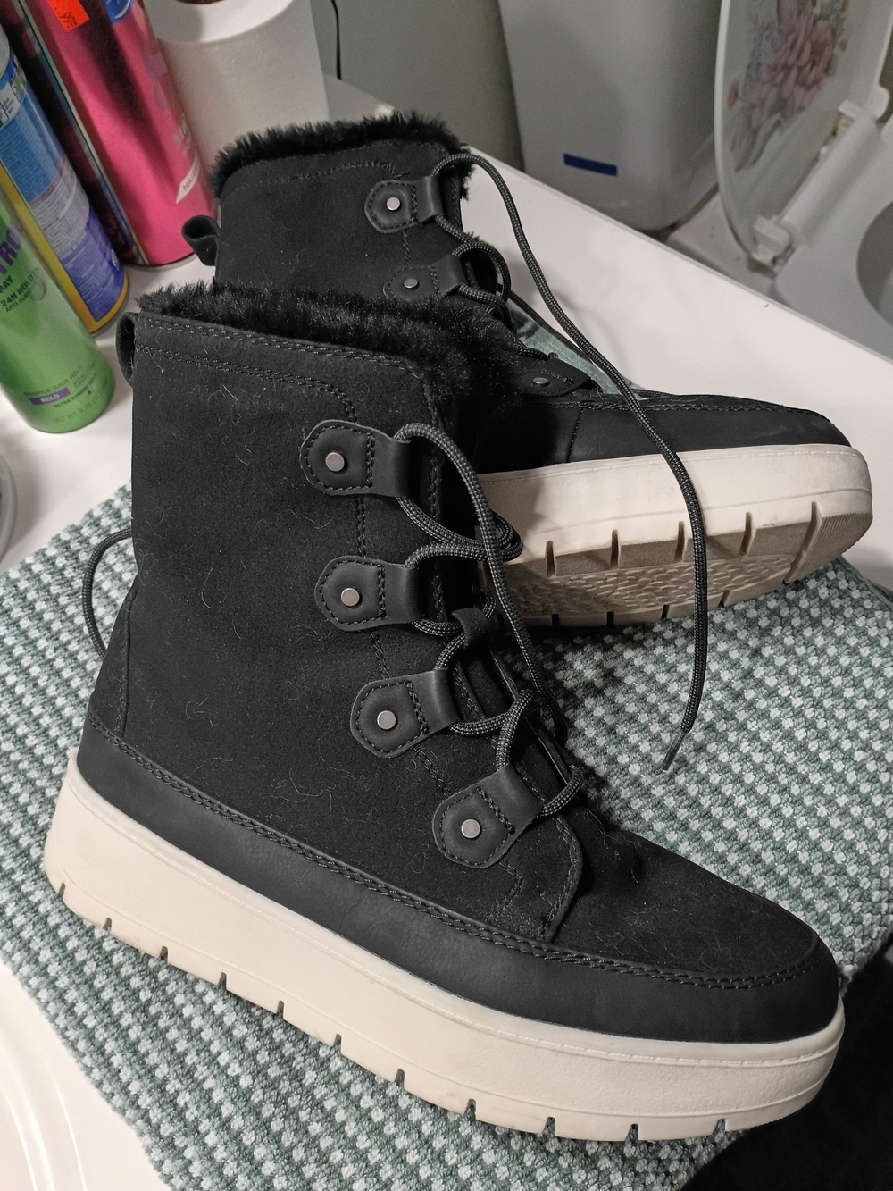 Falls Creek Black Faux-Fur Lace-Up Winter Boots with Cream Sole